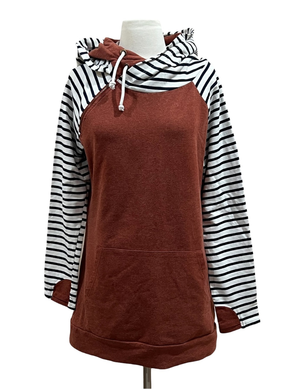 Vanilla Bay Rust Orange Double-hood Navy Striped Sweatshirt Size Large